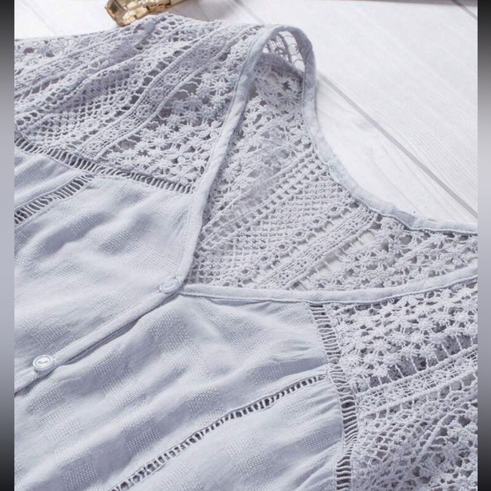 Boho Sheer Lace Flounce Sleeve Button Down Shirt Top Blouse - Picture 4 of 6